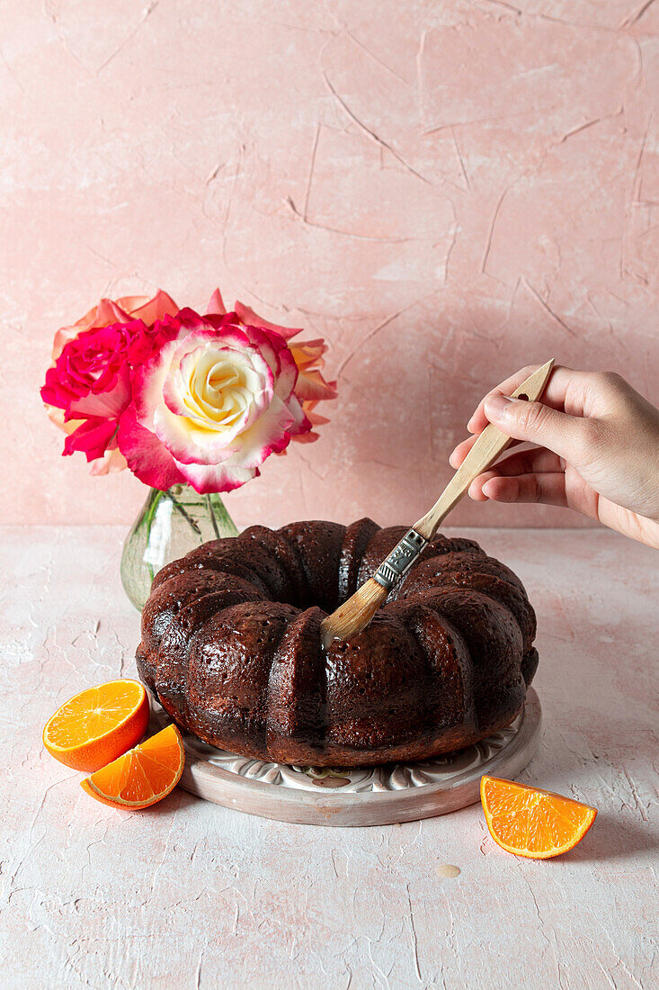 Almond Orange Poppy Seed Bundt Cake with roses