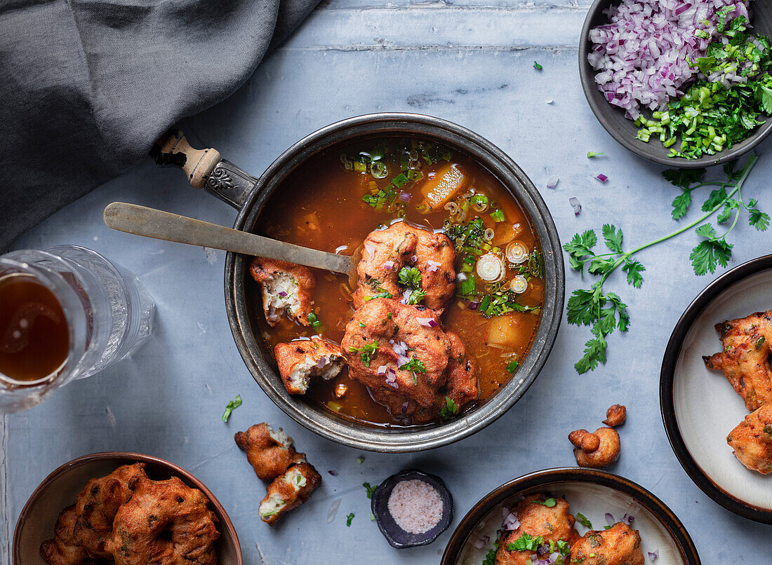 South Indian Snack Sambar Vada on a marble worktop