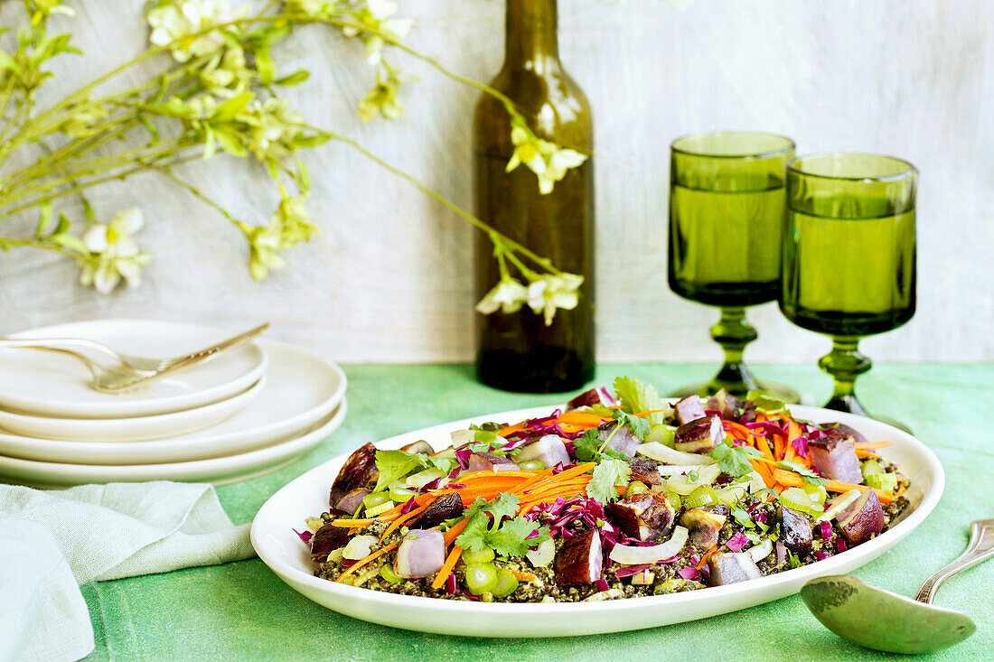Roasted Purple Potato Black Lentil Salad with Cilantro Pesto Vinaigrette