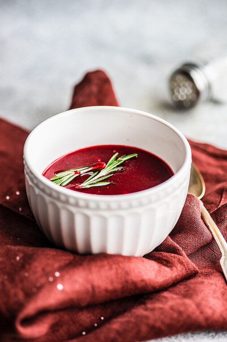 Healthy beetroot cream soup with rosemary
