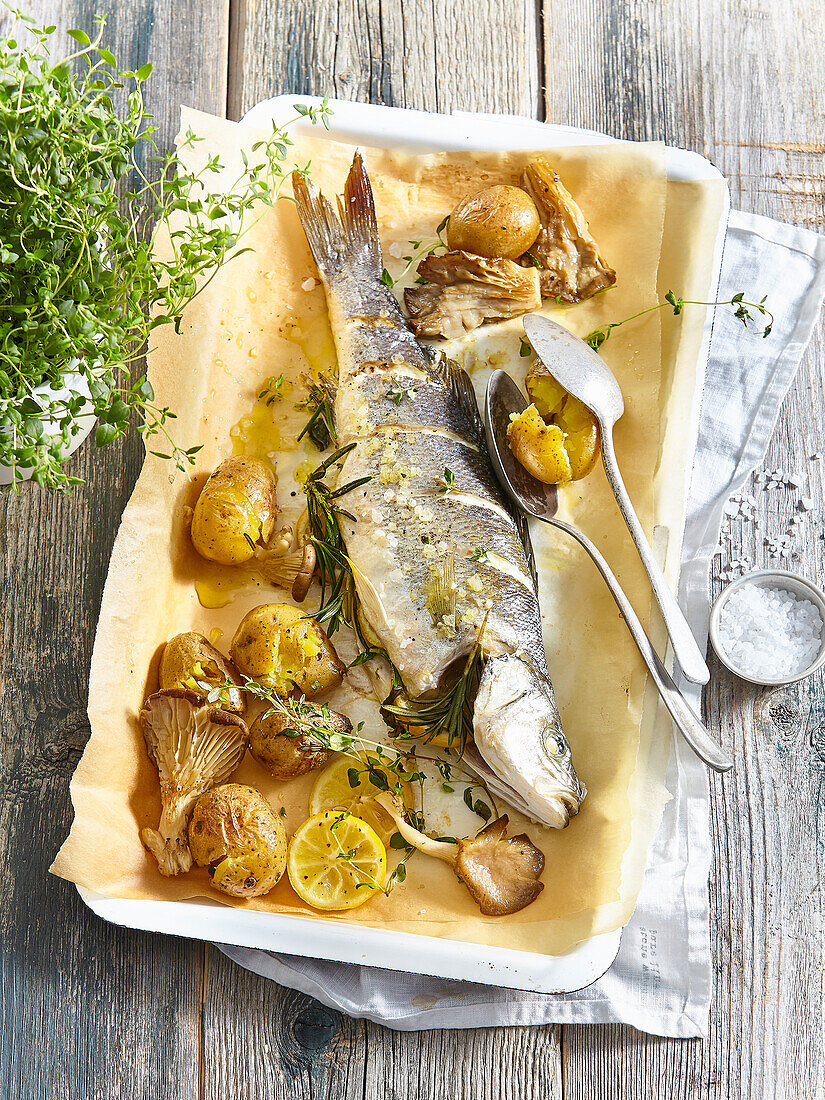 Grilled seabass fish with herbs