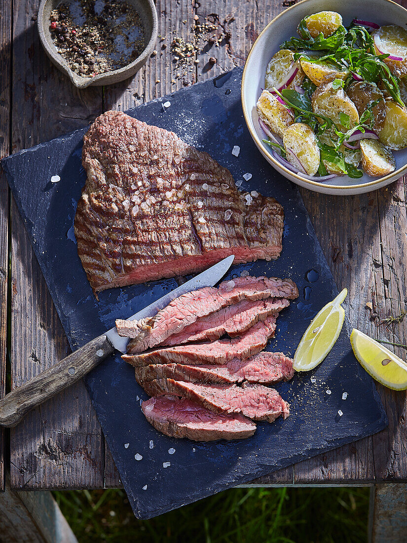 Grilled hanger steak with light potato salad