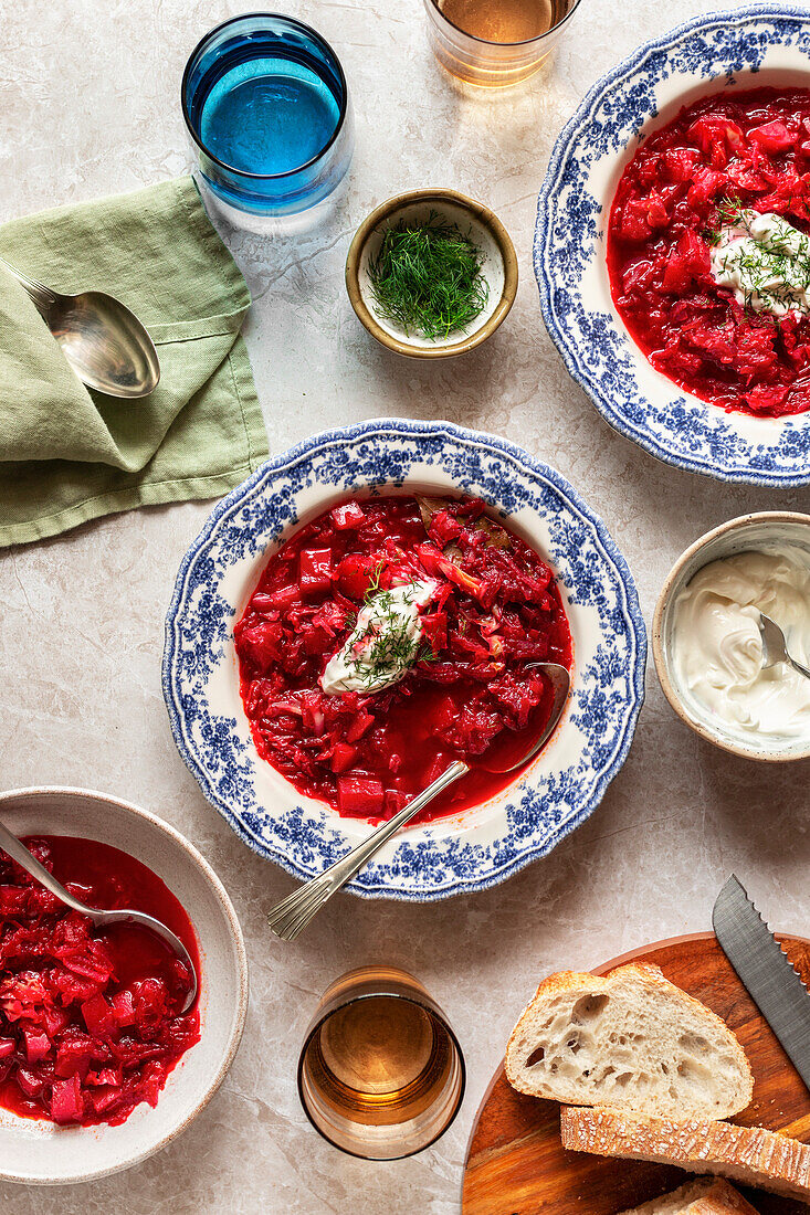 Borscht soup served with creme fraiche and dill