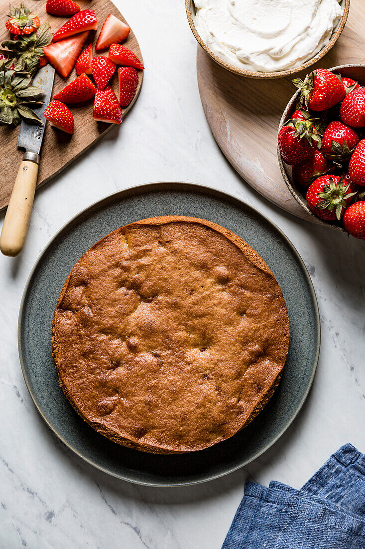 A homemade strawberry cake, made with almond flour