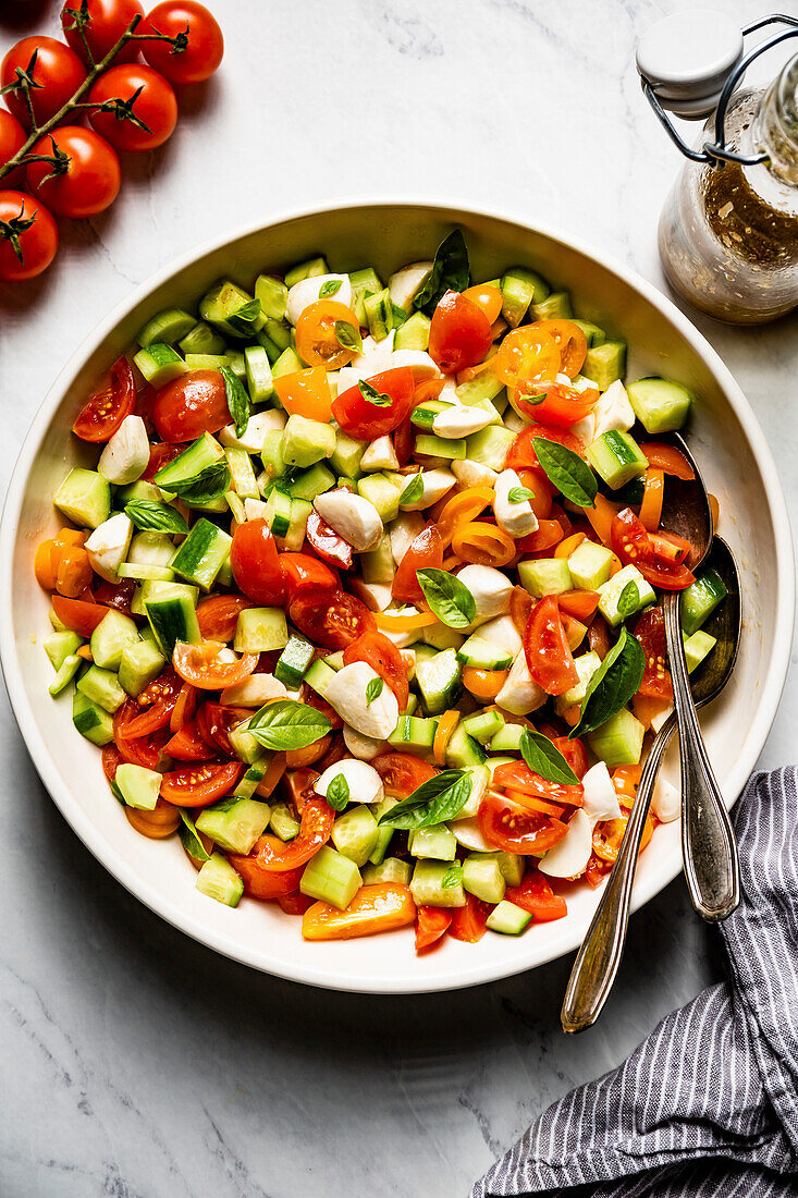 Salat mit Gurken, Tomaten und Mozzarella