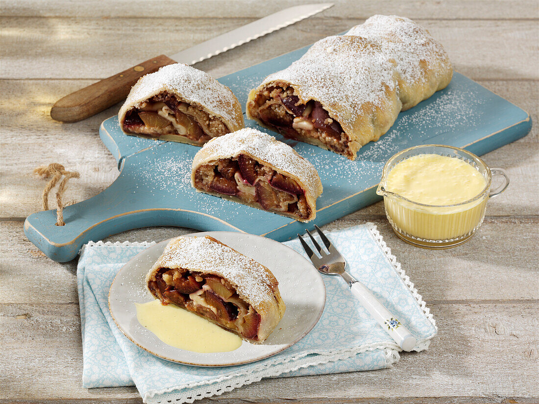 Plum strudel with vanilla sauce