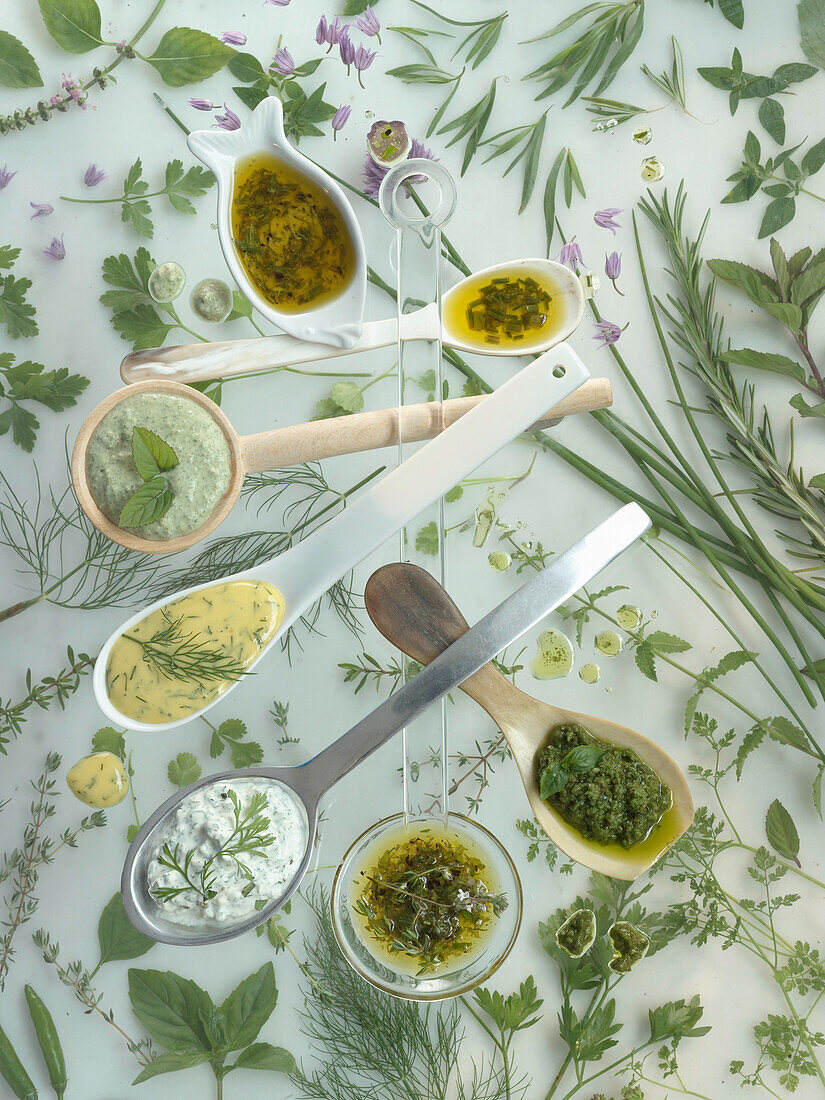Seven different salad dressings with herbs on spoons