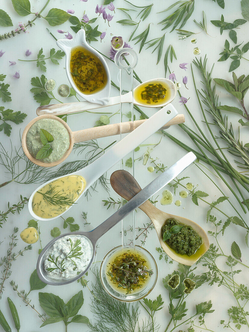 Sieben verschiedene Salatdressings mit Kräutern auf Löffeln