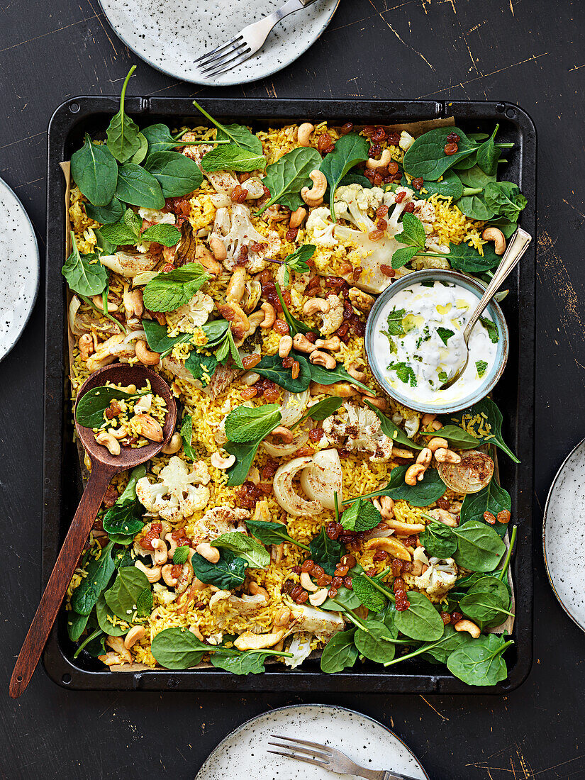 Curry-Reis mit Hühnchen, Elchfleisch, Spinat, Rosinen und Cashewkernen