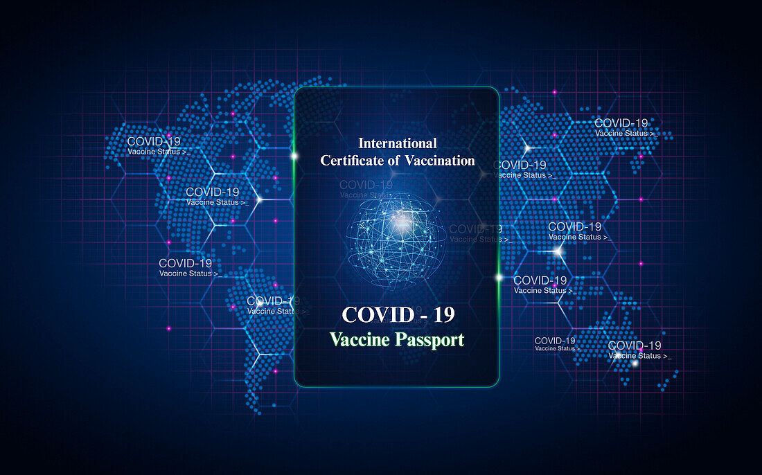 Covid passport over blue map, illustration