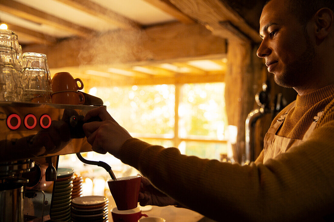 Barista preparing cappuccino at espresso machine in cafe