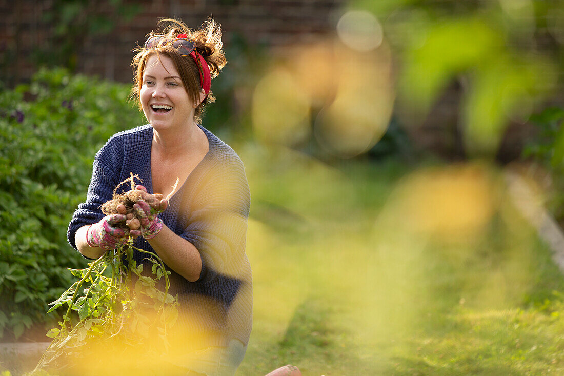 Happy woman harvesting fresh vegetables in backyard garden
