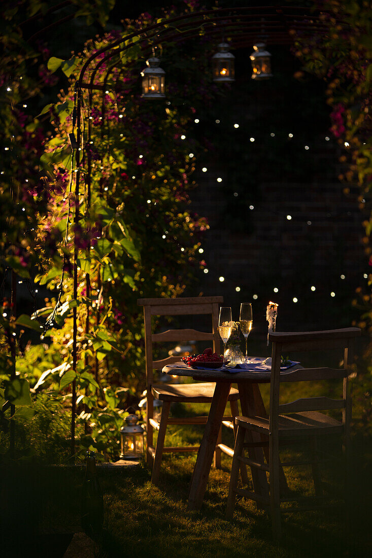 Champagne and red currants on summer garden table at sunset