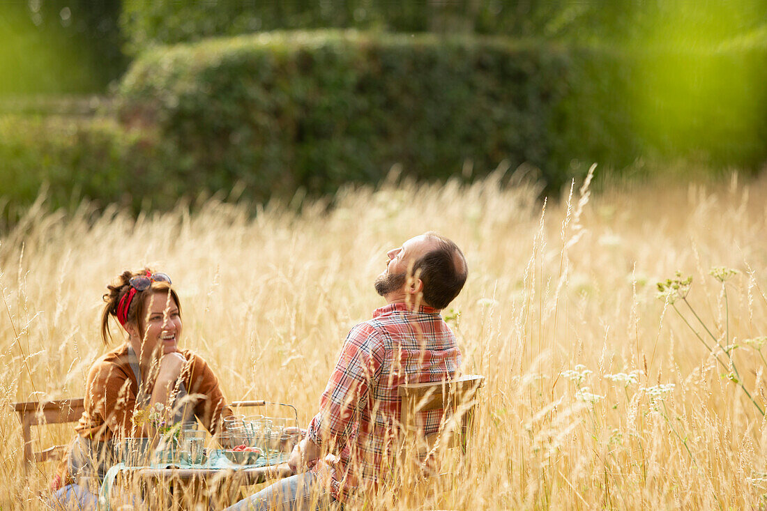 Happy couple laughing at table in field of sunny tall grass