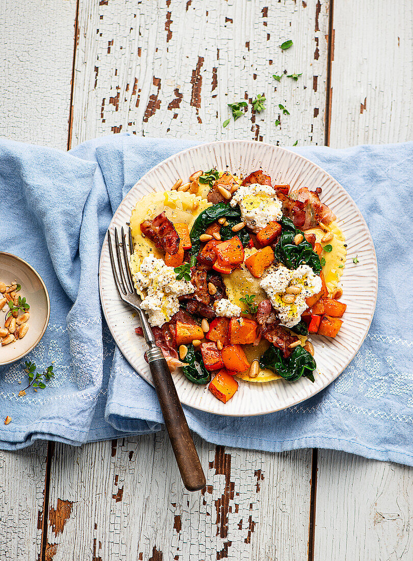 Pumpkin ricotta ravioli with spinach