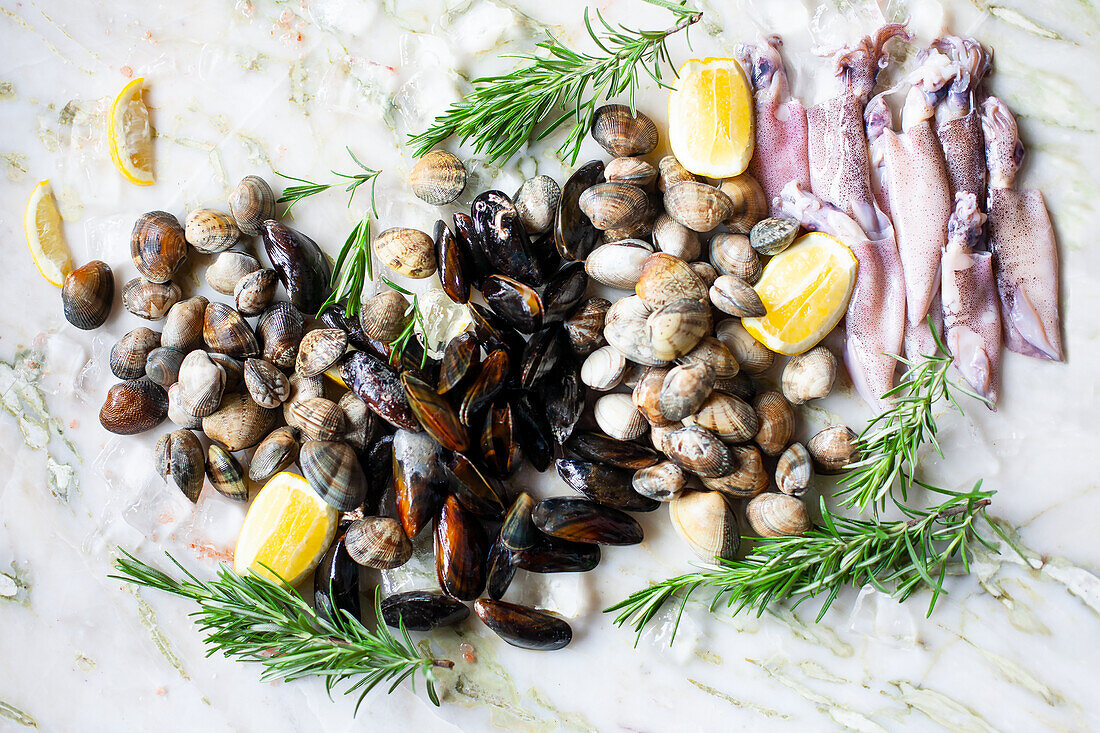 Fresh seafood with lemon and rosemary