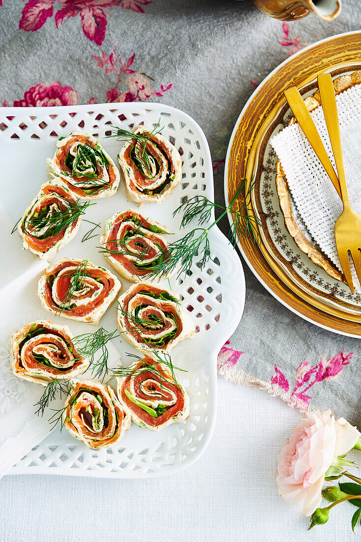 Pancake rolls with smoked salmon and dill