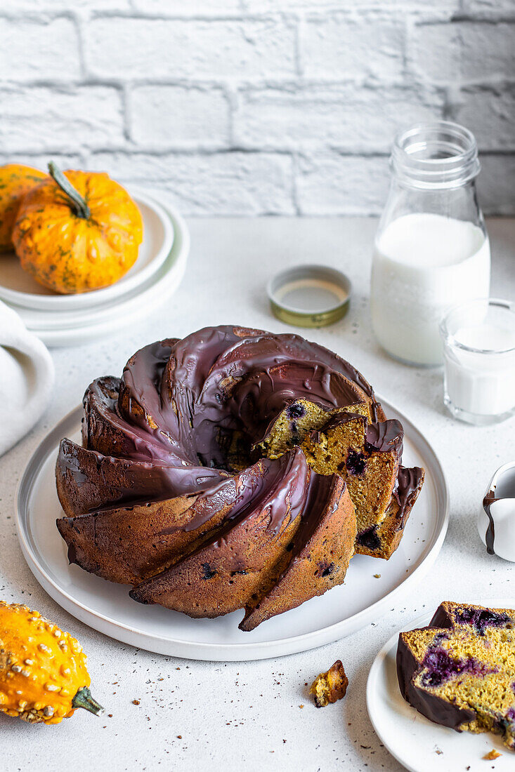 Pumpkin Bundt Cake with chocolate icing