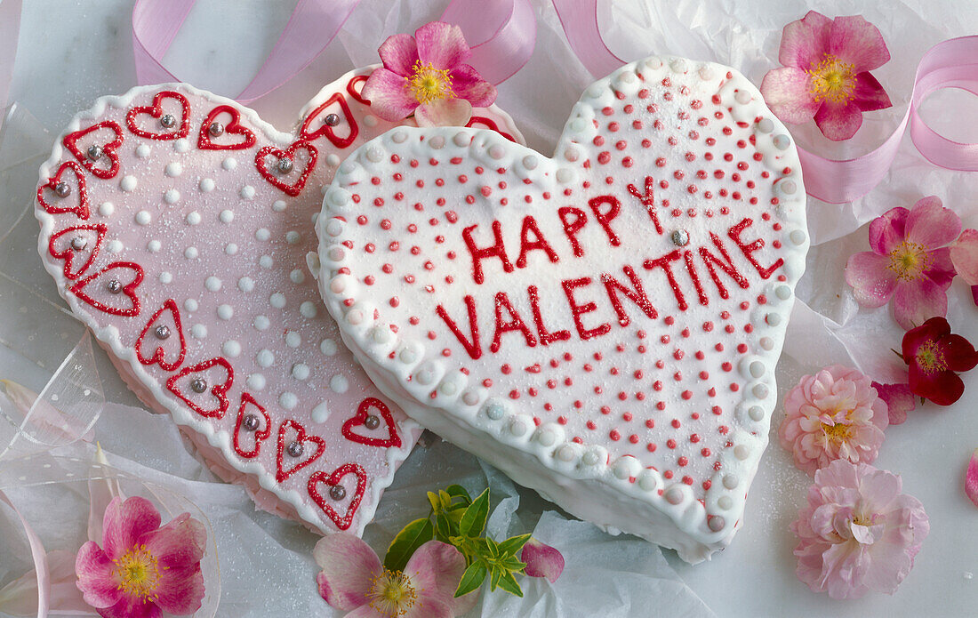 Two heart-shaped Valentine's Day cakes with 'Happy Valentine' written on them