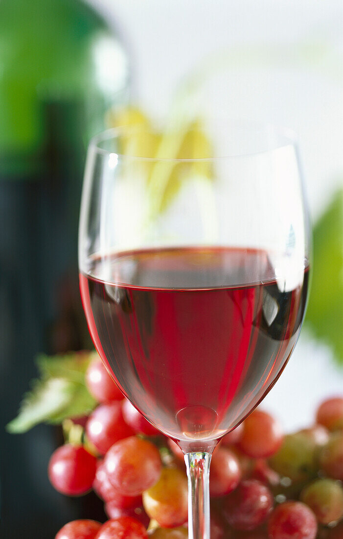 Ein Glas Rotwein, rote Weintrauben und eine Flasche Rotwein im Hintergrund