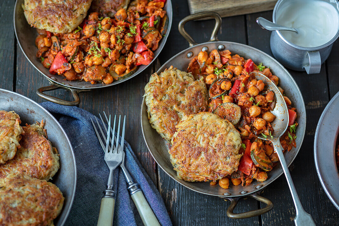 Chickpea goulash with potato fritters (vegan)