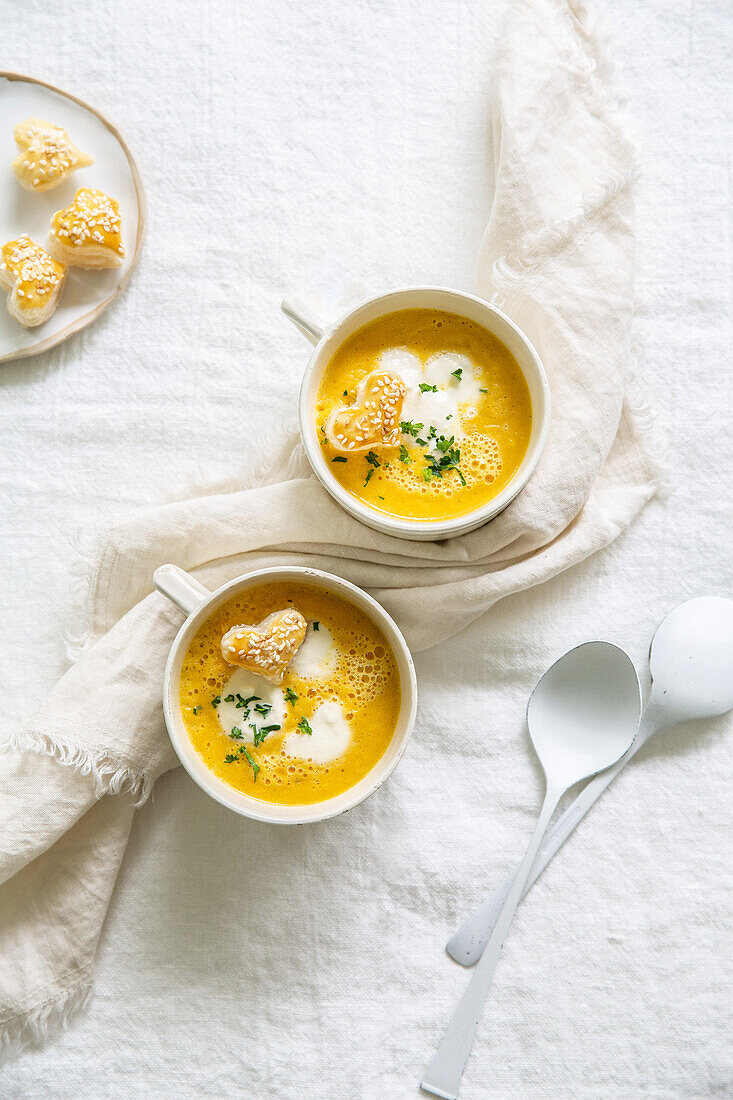 Pumpkin soup with puff pastry hearts
