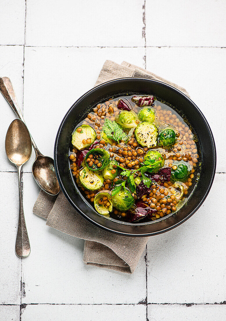 Brussels sprouts and lentil soup