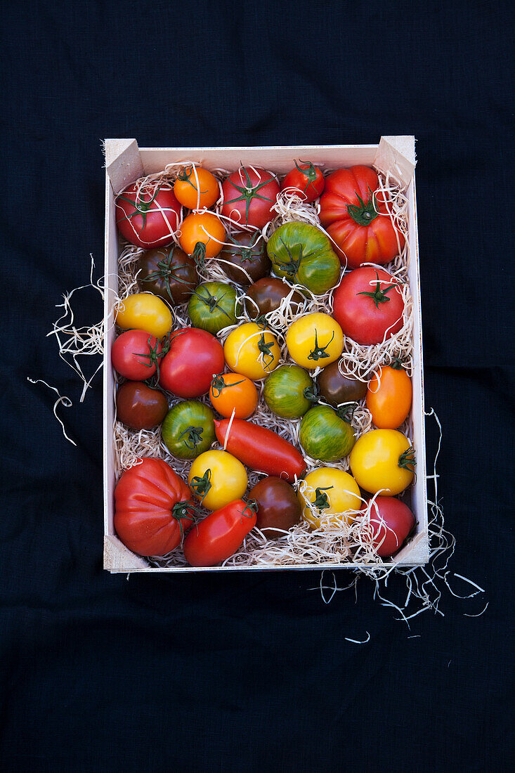 Wooden box with a variety of colorful tomato