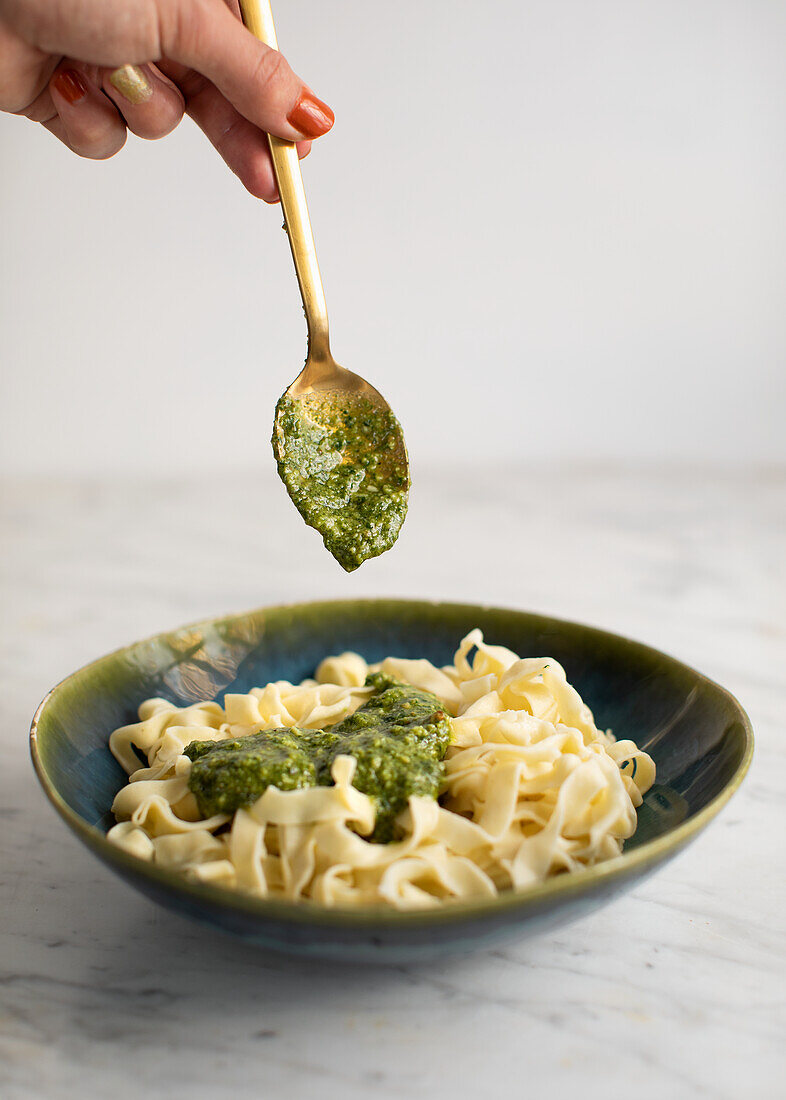 Tagliatelle with nasturtium pesto