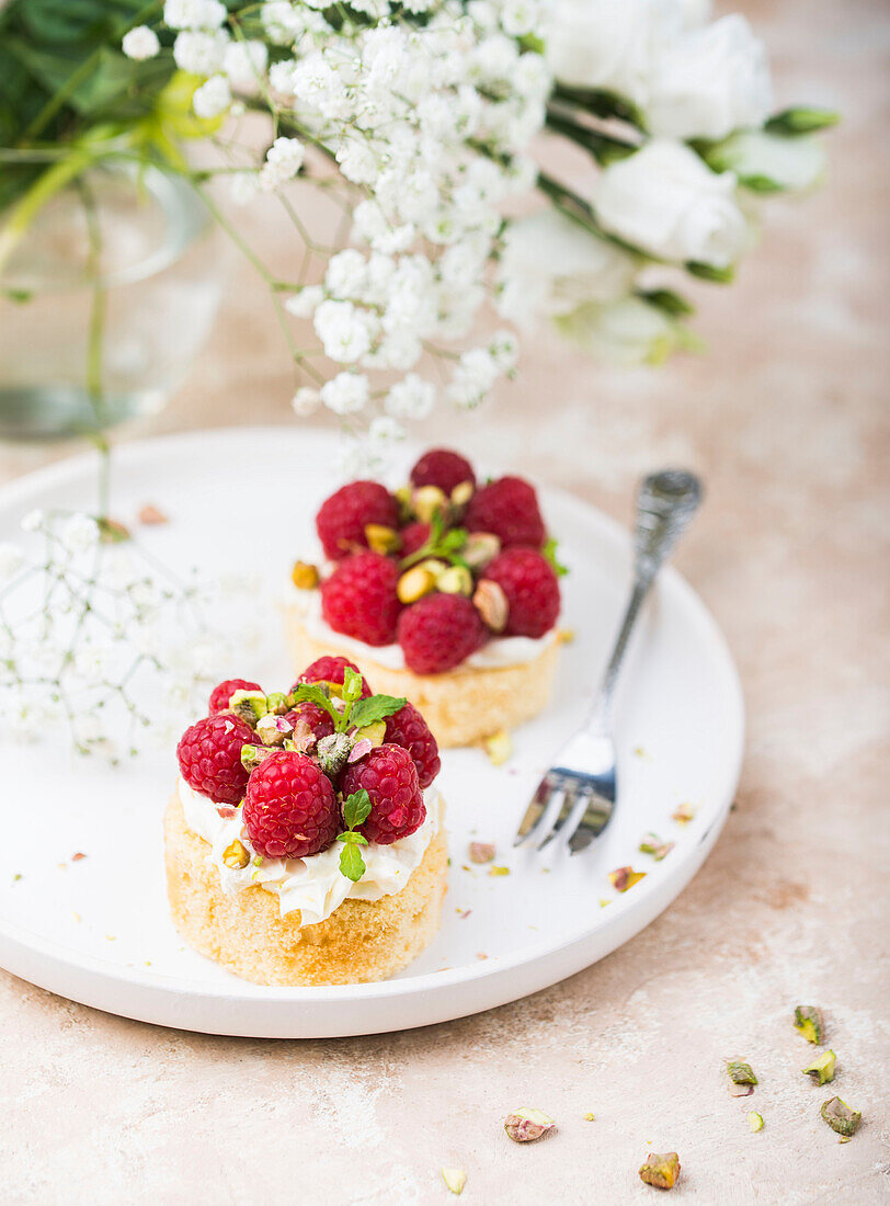 Biskuittörtchen mit Mascarponecreme, Himbeeren und Pistazien