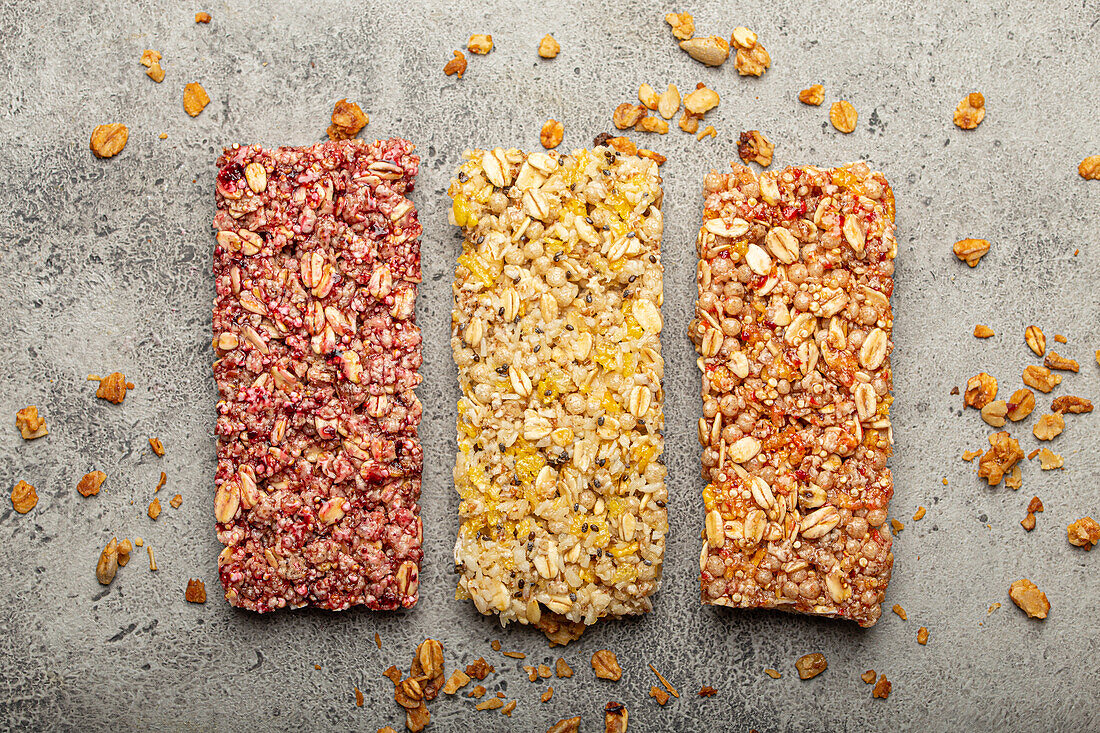 Healthy cereal granola bars with nuts, seeds, fruit and berries