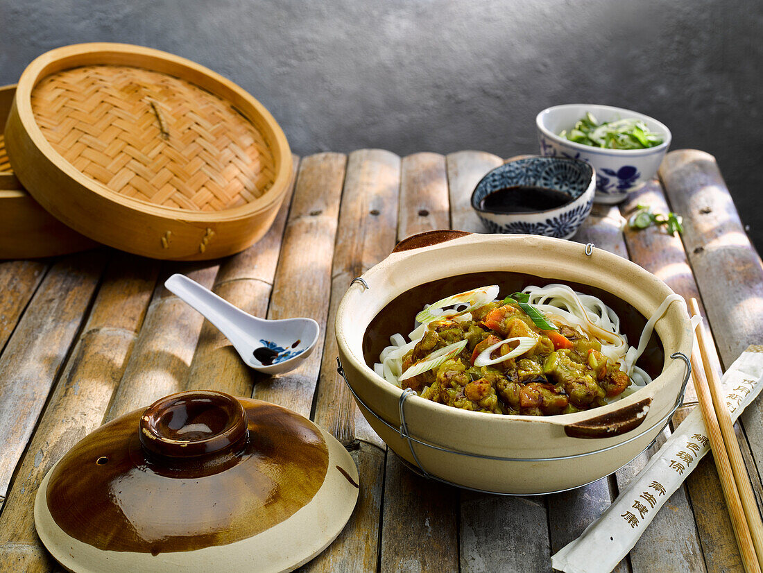 Chinese vegetable curry with rice noodles