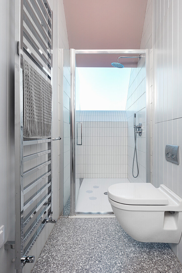 Edelstahl-Handtuchtrockner, Bidet und Duschbereich im Badezimmer