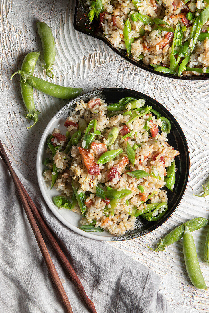 Bacon Snap Pea Fried Rice on a plate