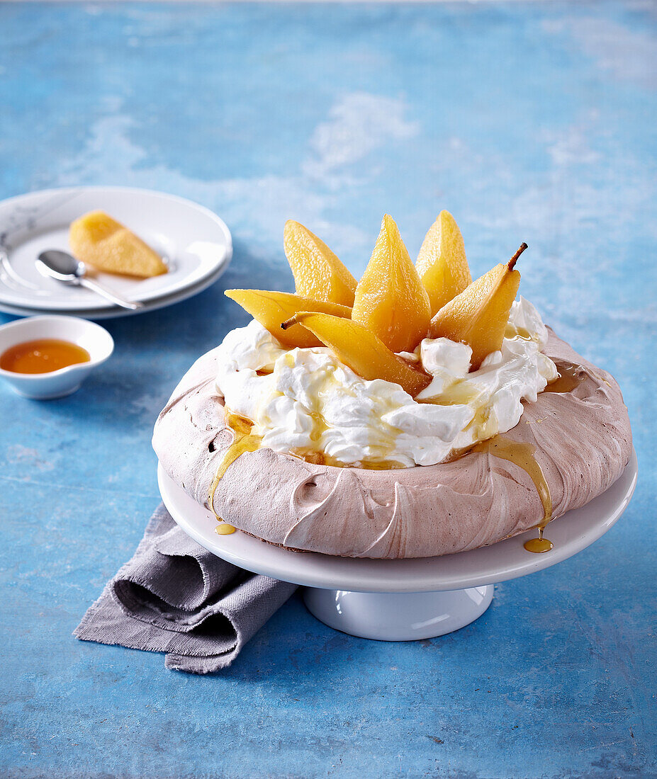 Pavlova meringues with honey pears Honey Pear Pavlova