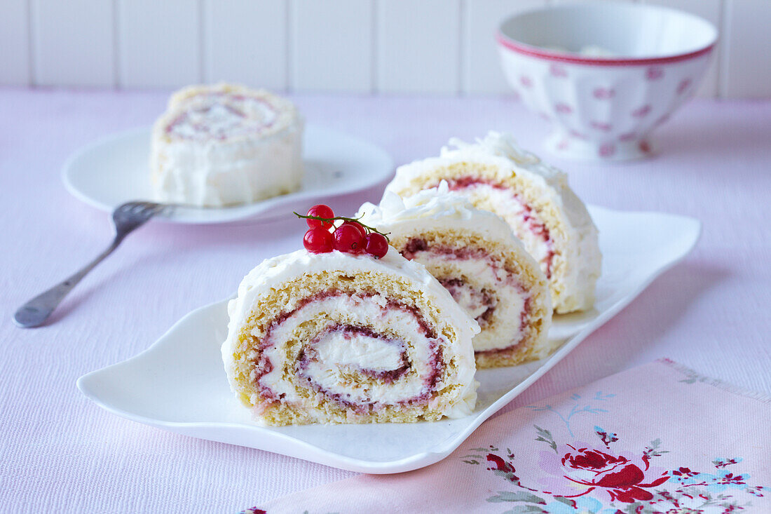 Coconut roll with red currant Redcurrant and coconut roulade