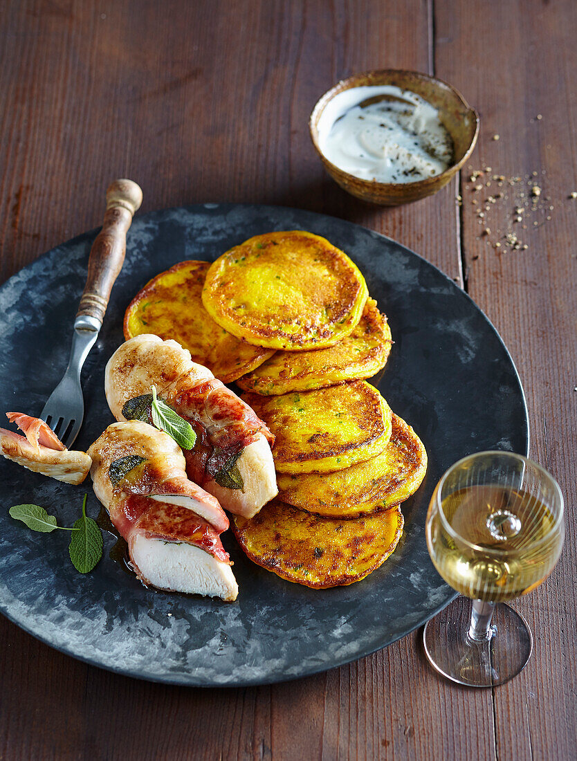 Pumpkin pancakes with saltimbocca