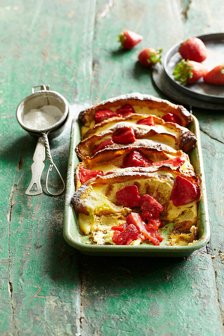 French bread pudding with strawberries