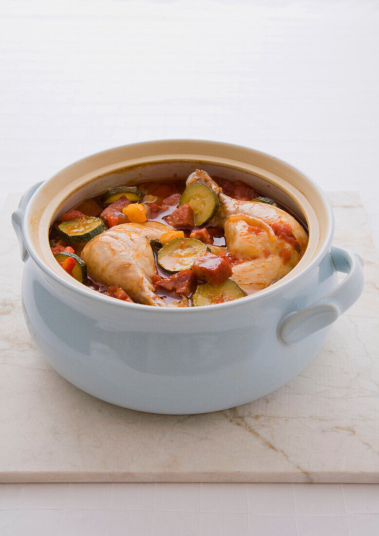 Pot of chicken chorizo, close-up