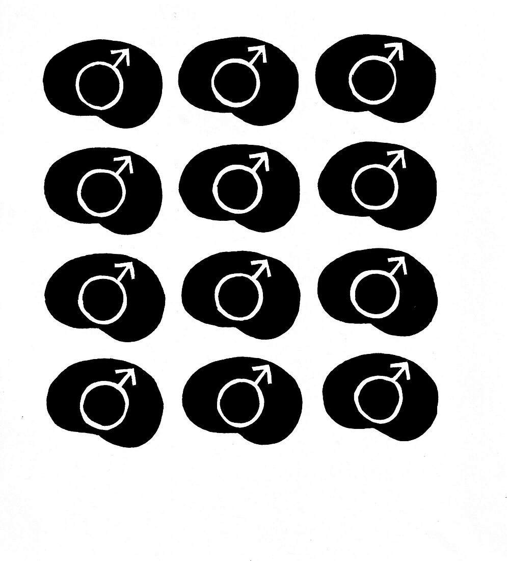 Male symbol superimposed on brain, illustration