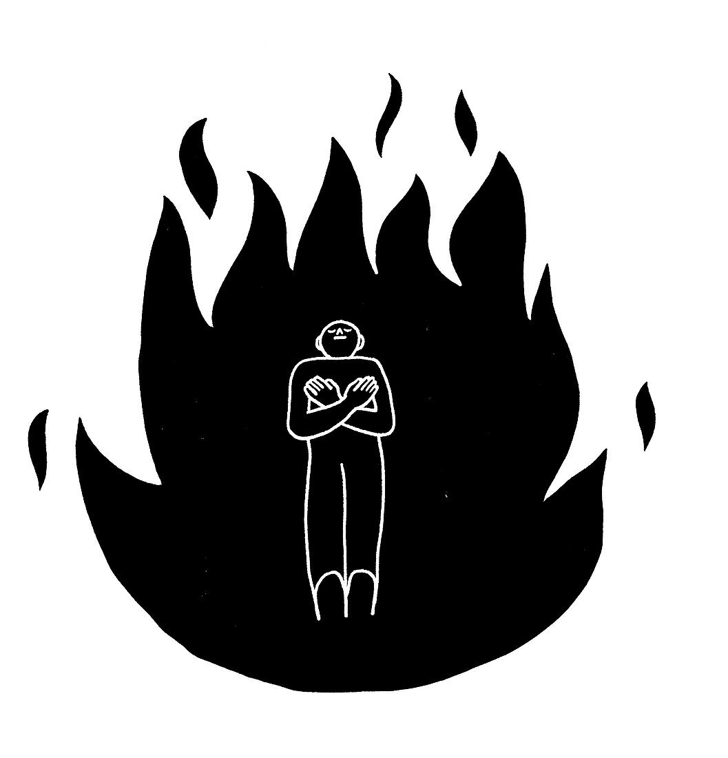 Person surrounded by flame, illustration