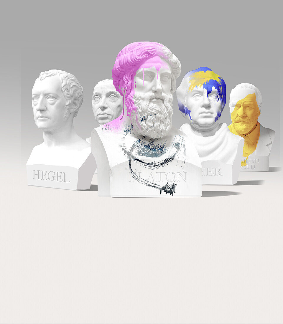 Busts of philosophers vandalised with paint, illustration