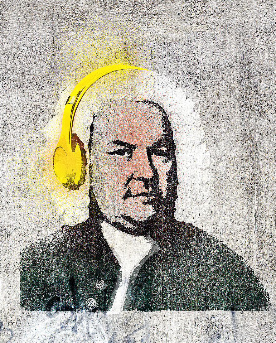 Johann Sebastian Bach with headphones, illustration