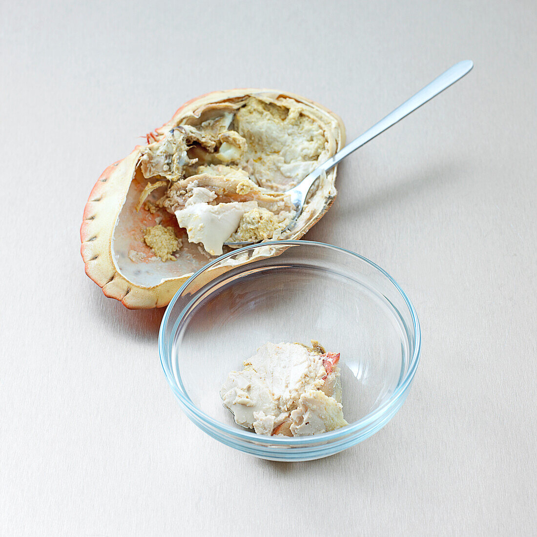 Scooping crab meat from shell