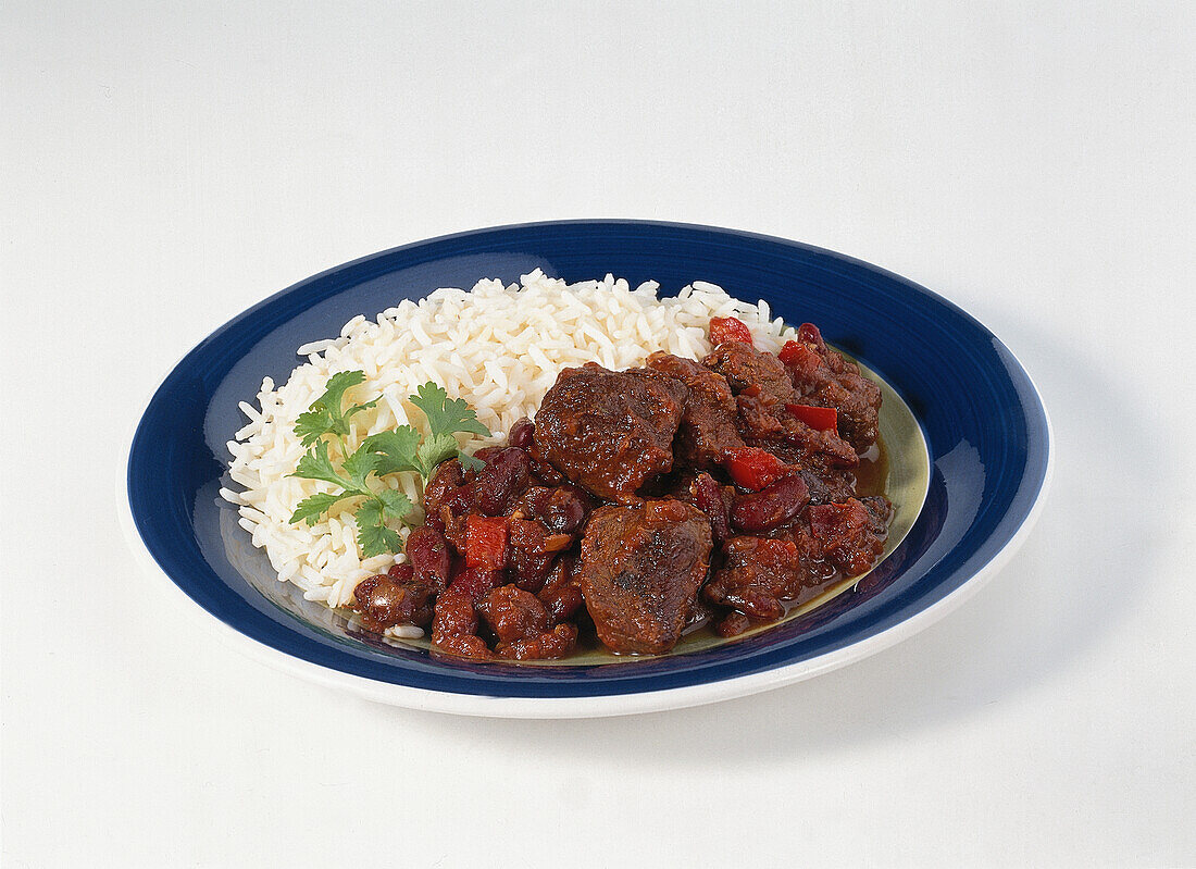 Chilli con carne served with plain boiled rice
