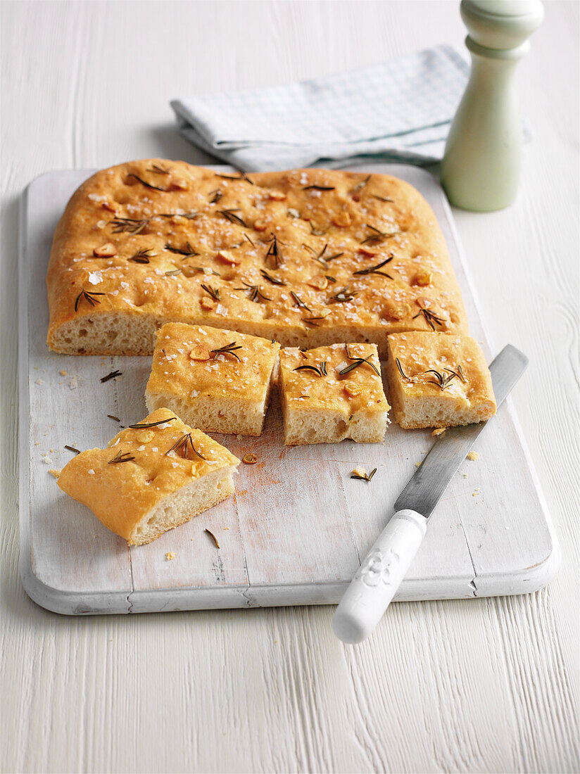 Sliced rosemary, garlic and sea salt focaccia