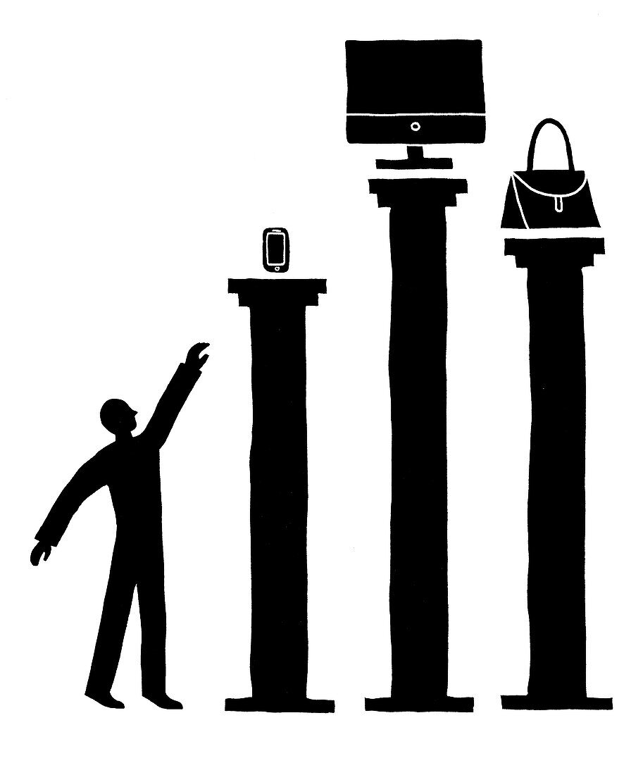 Person trying to reach for consumer goods, illustration