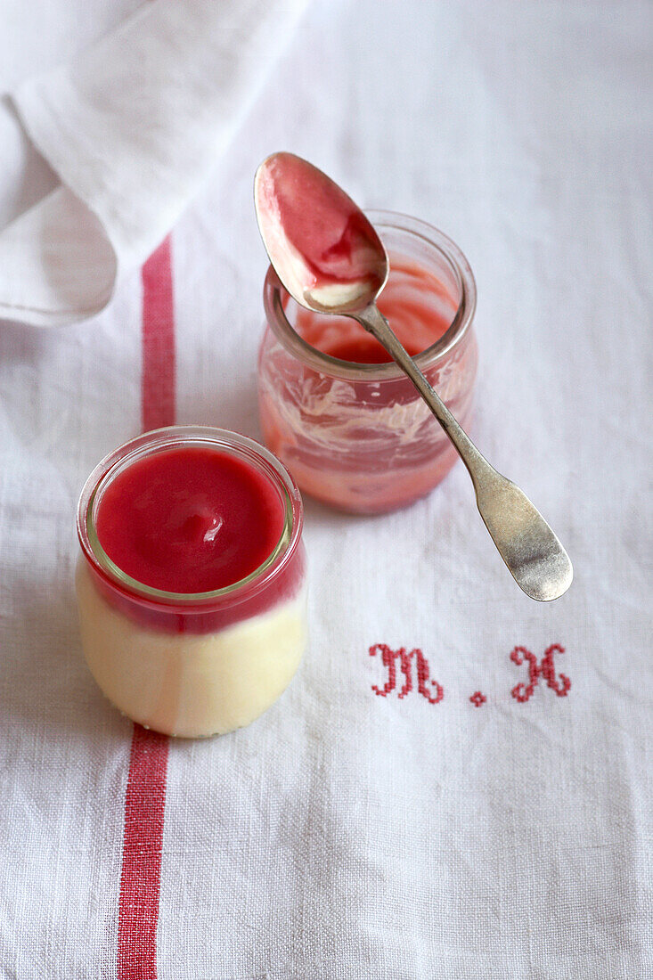 Raspberry curd and yoghurt in jar