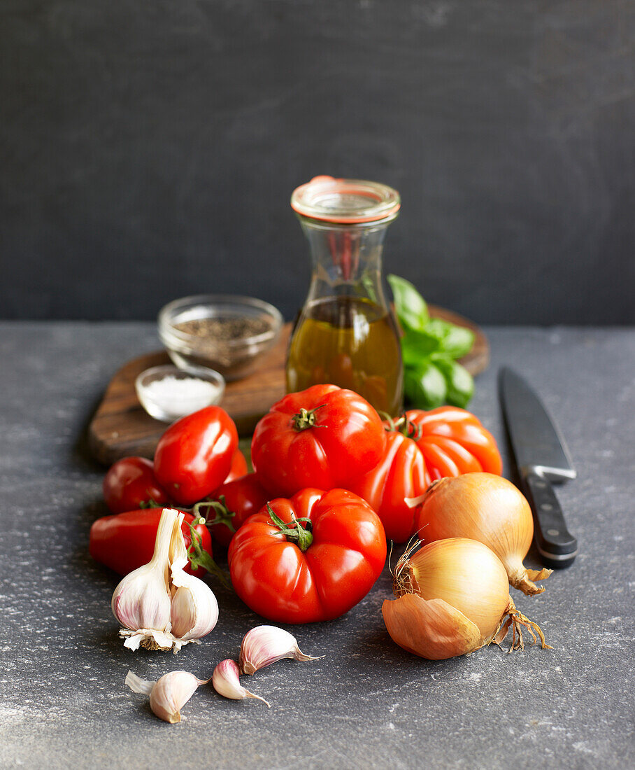 Fresh raw ingredients for making tomato sauce