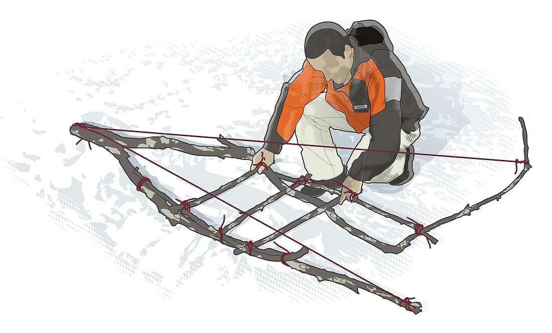 Man making improvised sledge, illustration